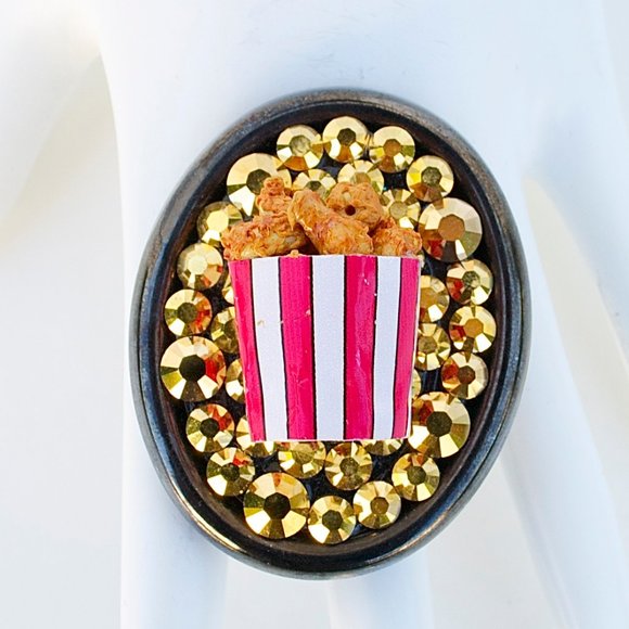 FRIED CHICKEN BUCKET SWAROVSKI RHINESTONE RING - Picture 2 of 7